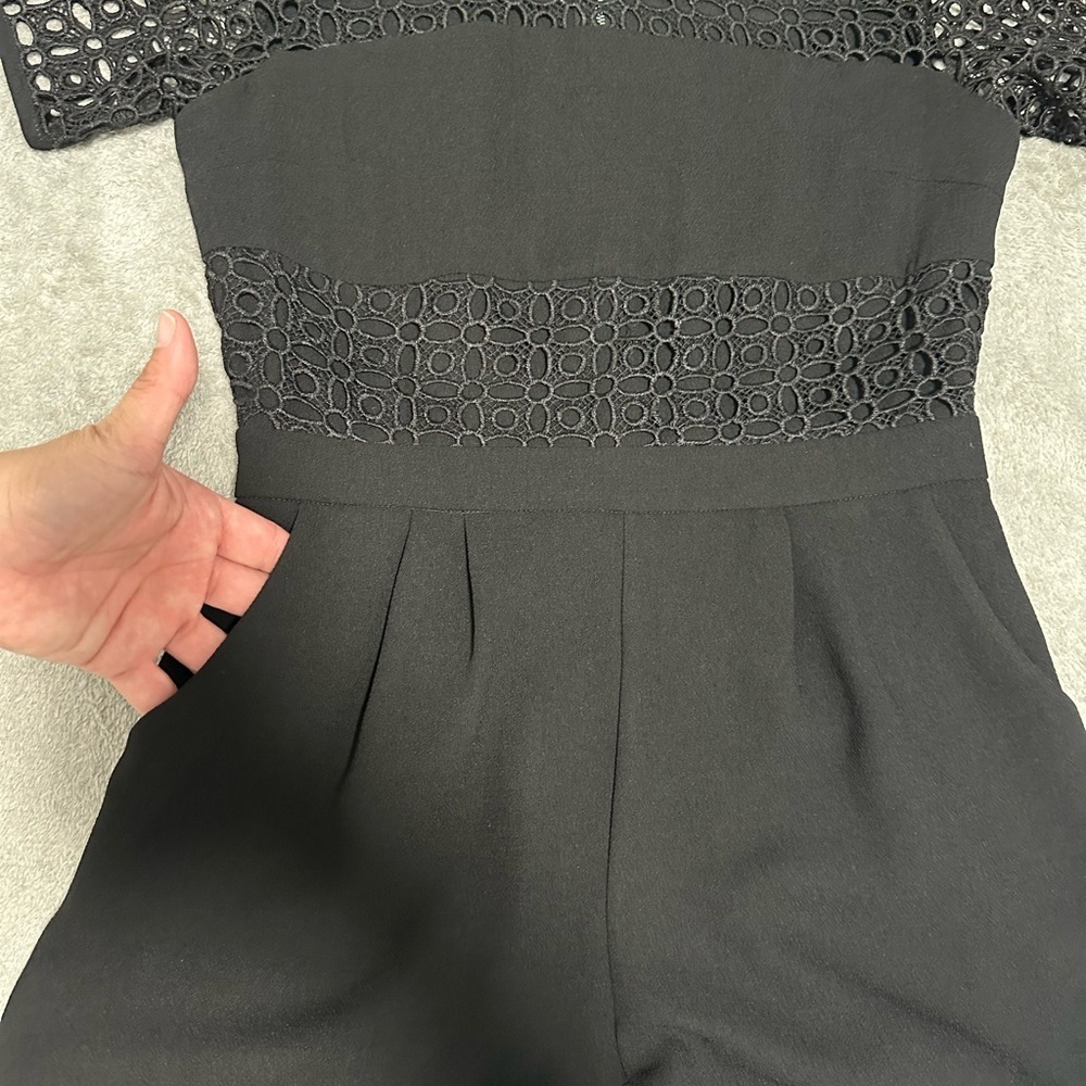 Alythea Black Lace Panel Romper Short Sleeve Fit & Flare, Size Medium NEW - Picture 2 of 16